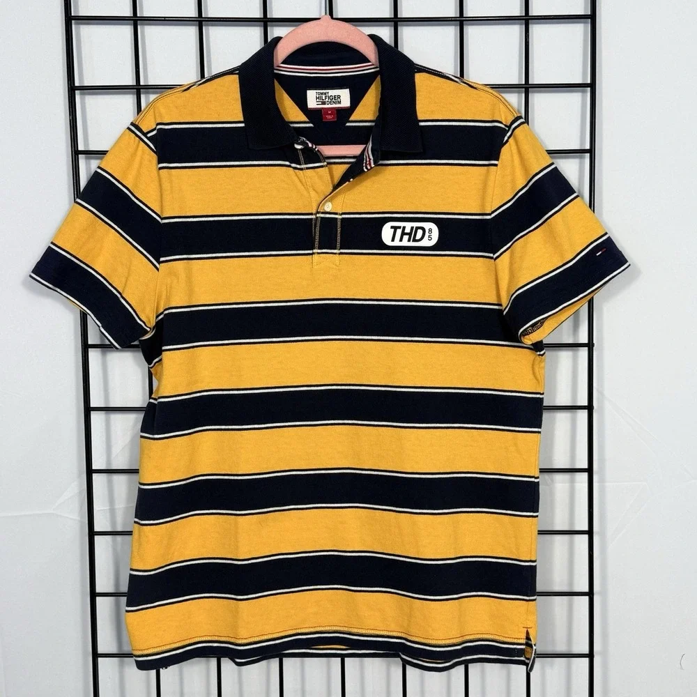 Tommy Hilfiger Denim Rugby Polo Shirt Mens M Medium Yellow Blue Casual‎ Summer